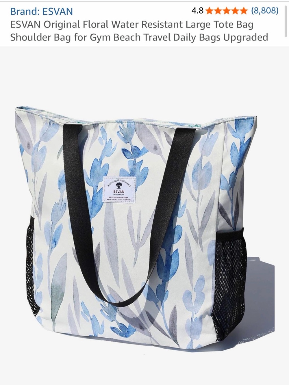 Esvans Blue Floral Water-Resistant Tote Bag